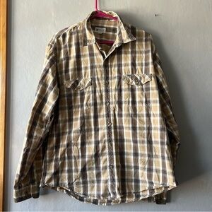 BKE 67 Tan Brown Button Up Plaid Size Large 100% Cotton
